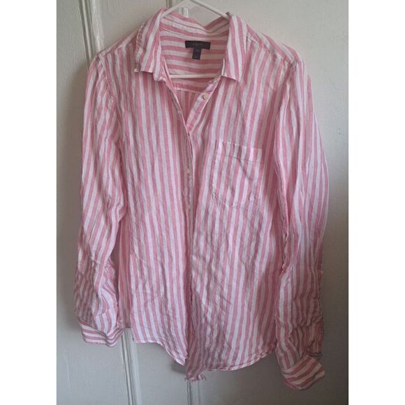 J Crew Womens LARGE TALL FIT 100% Linen Shirt Pink White Stripe Button LAGENLOOK - Picture 2 of 10